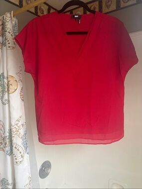 DKNY Red V-Neck Short Sleeve Blouse - Lightweight Chiffon Layer